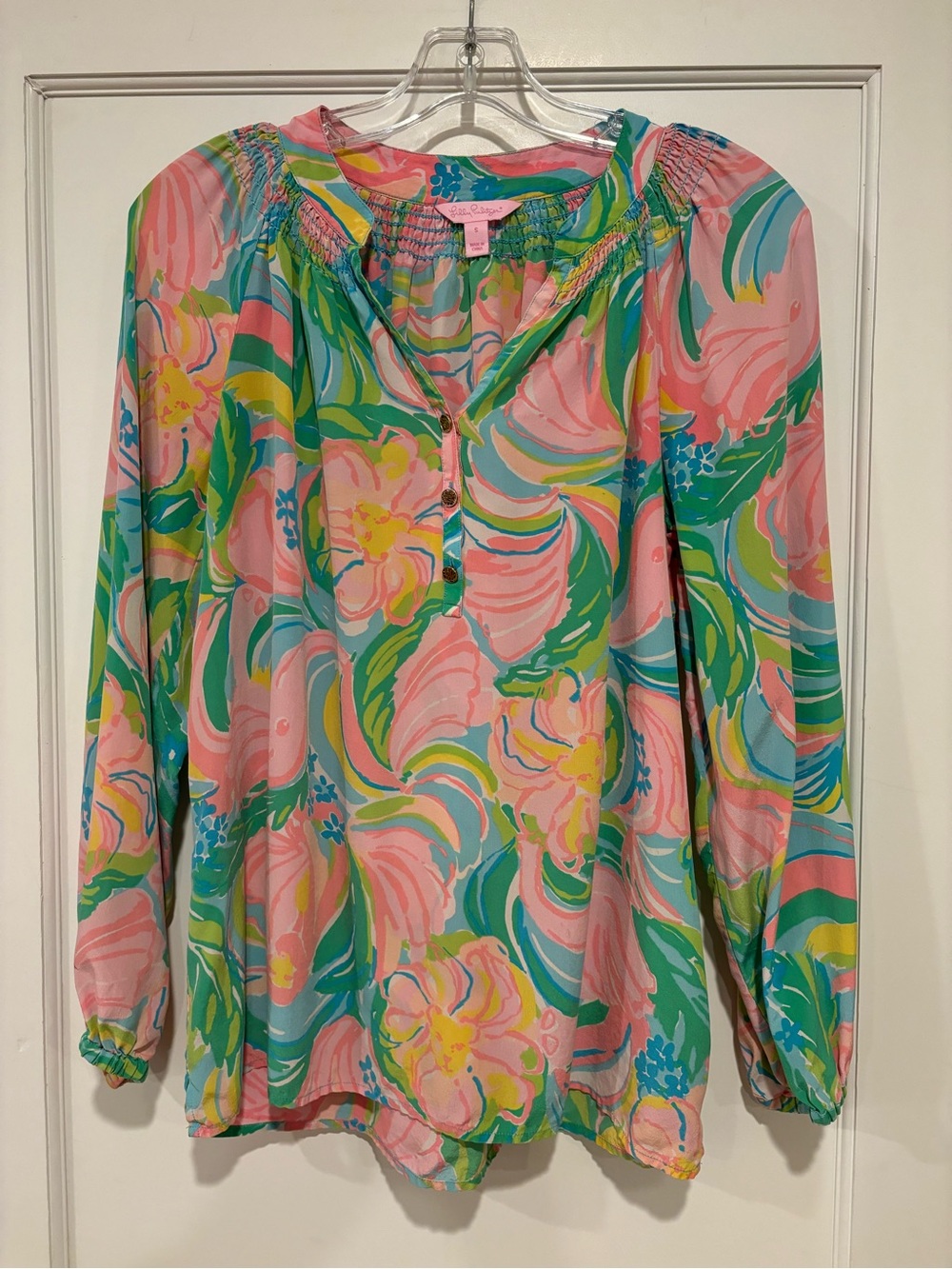 Lilly Pulitzer Elsa Silk Top So A Peeling Print Pink Green Blue Womens S Preppy